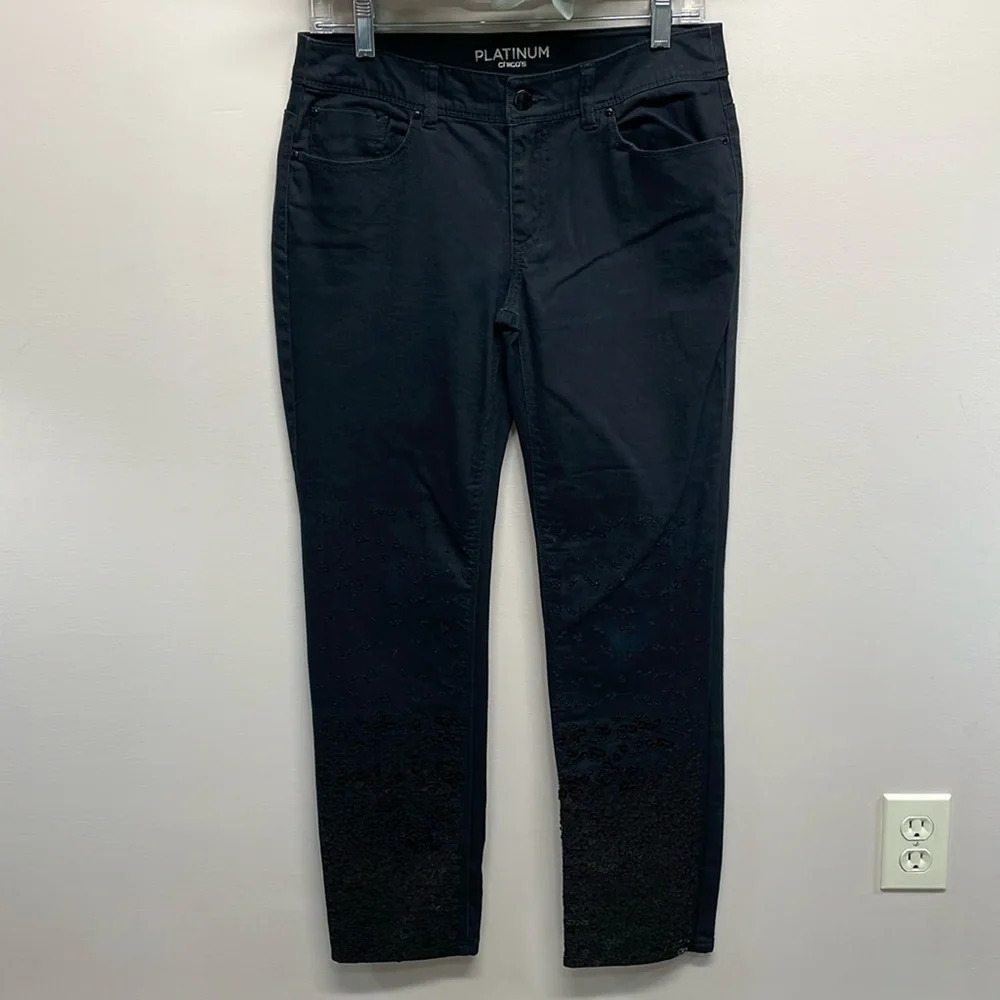 Chico’s Platinum Black Sequin Twilight Slim Leg Denim Jeans US 2 (Chico’s 00)